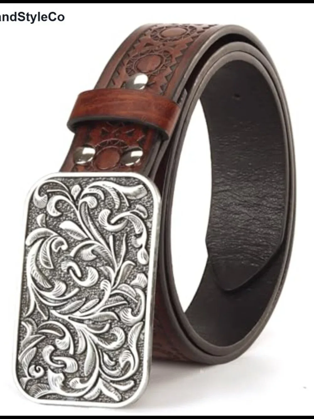 Rhinestone Studded Western Cowgirl Belt PU Leather Floral Buckle Waist Belt